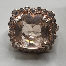Cushion Pink Quartz White Stone Halo Rose Gold Tone Sterling Ring Size 7 5.6g 