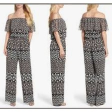 Eliza J Jumpsuit Womens 8 Black Floral Off Shoulder Wide Leg Resort Beach