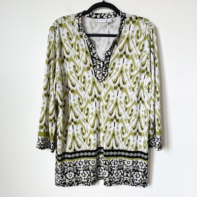 Susan Graver Liquid Knit Split Neck Tunic Top Floral Ikat Green White Womens XL