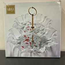 Mikasa Holiday Landscape 2-Tier Server Tidbit Tray Frosted Christmas Tree Child