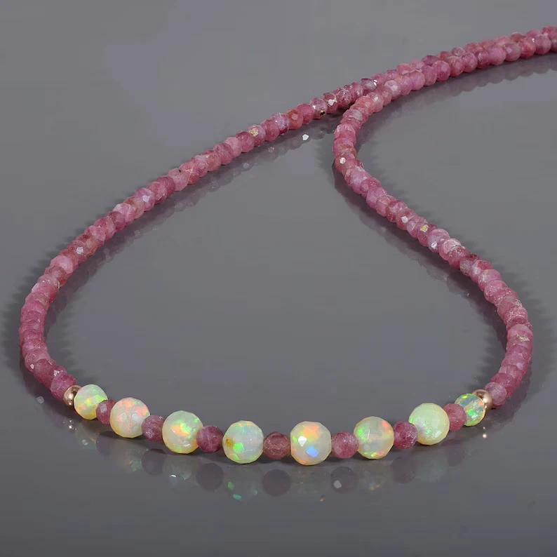 Vatslacreation Natural Ethiopian Welo Feueropal Pink Turmalin Kette 925 Silber - Bild 1 von 4