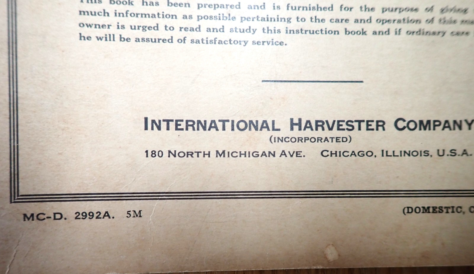 McCormick-Deering Farmall Tractor Manual International Harvester 2992A