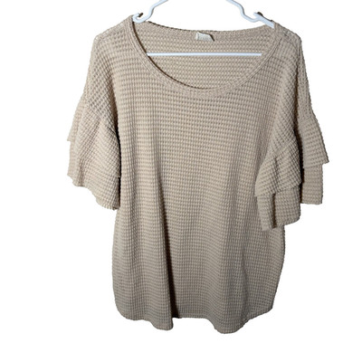 Bibi Shirt Women's L/XL Beige Thermal Knit Short Sleeve Casual Top Scoop