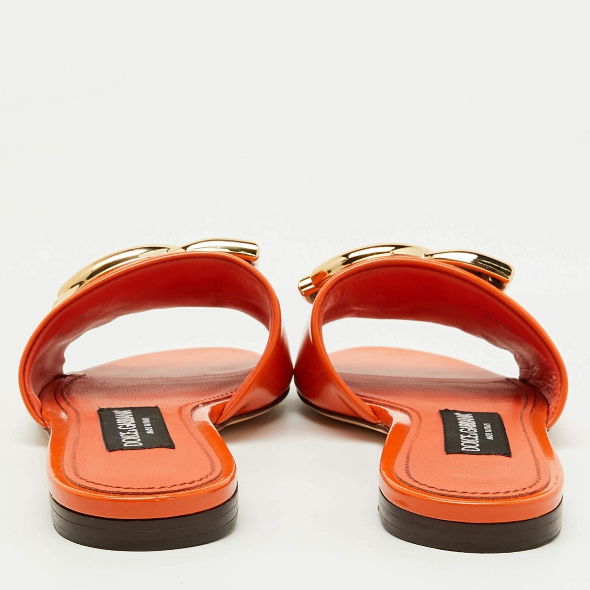 Dolce Gabbana Orange Patent Leather DG Logo Flat Slide Sandals