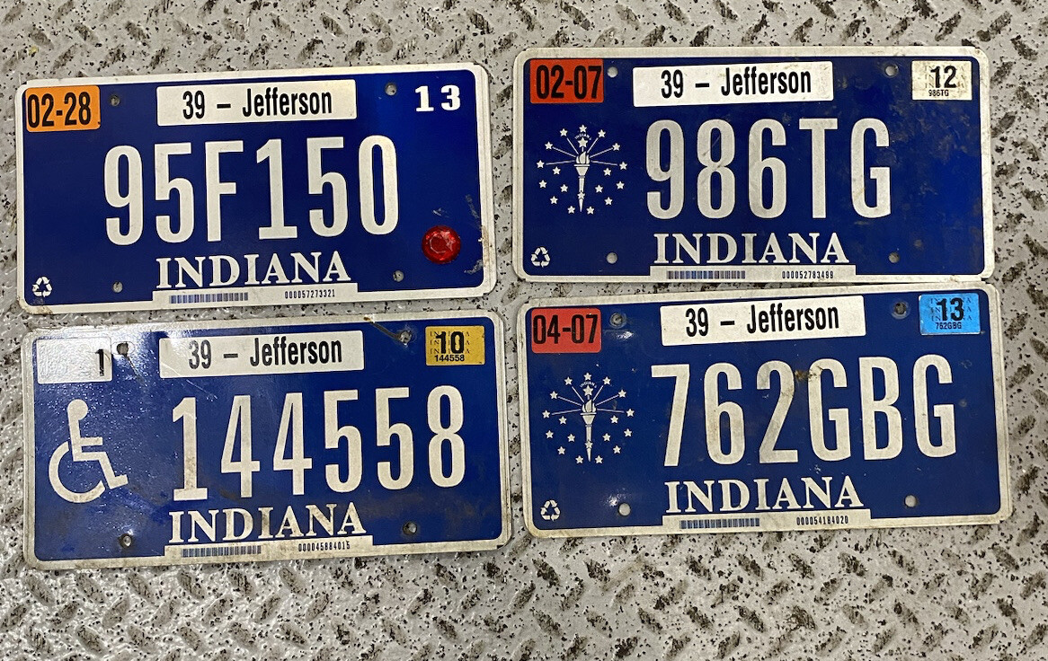 Old License Plates set of 4 Indiana blue tags metal, various years