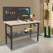 2 Tiers Multifunctional Workbench With Pegboard Worktable W/ Power Outlets