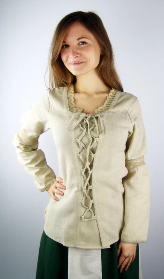 LEONARDO CARBONE Mittelalter Larp Bluse Top Damen Marie natur oder schwarz Borte Neu