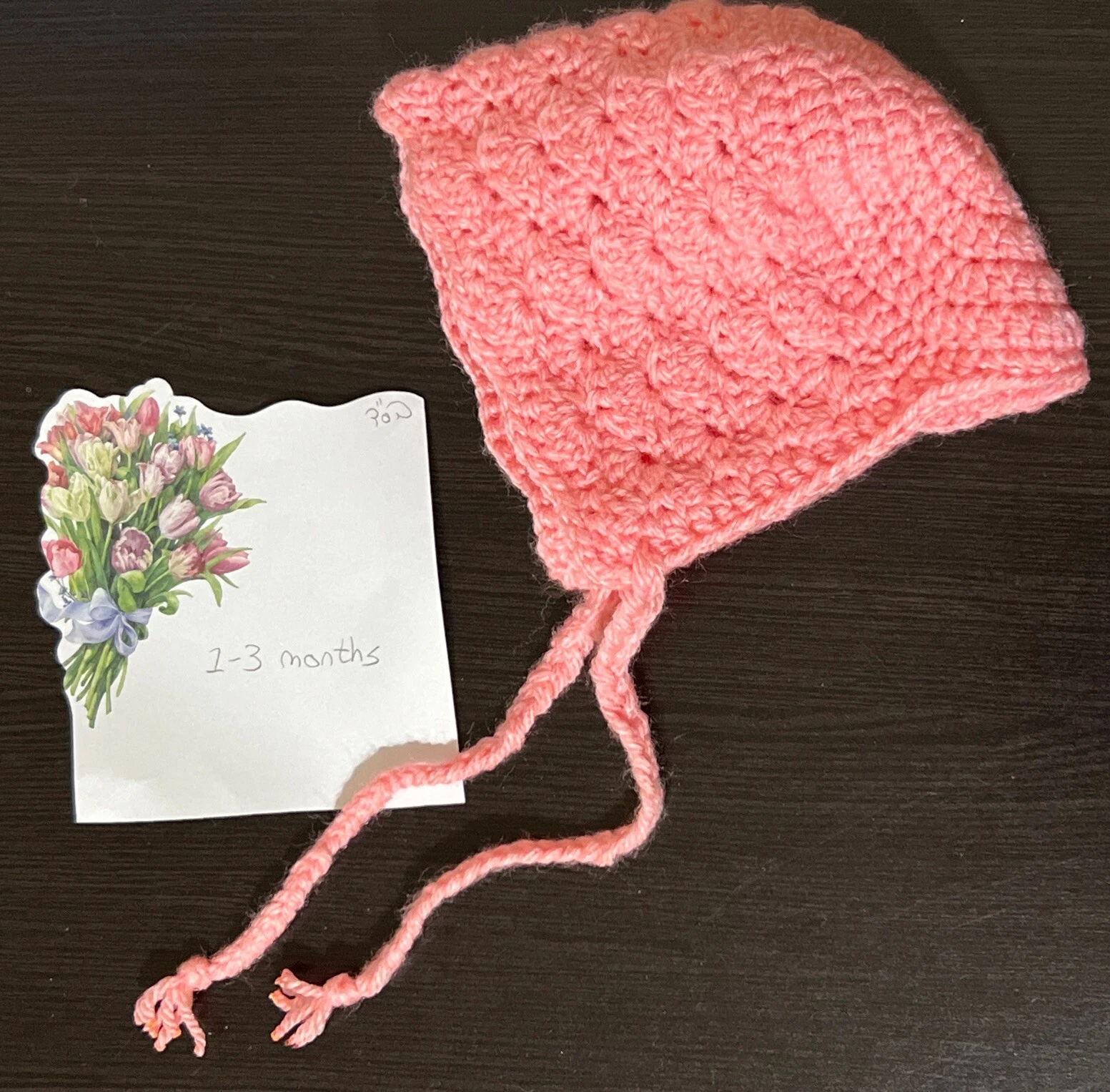 Newborn Girls Hat Crochet Acrylic Wool Handmade Pink Bonnet 1-3 Months
