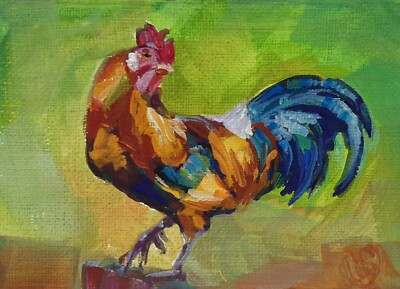 Rooster #4, in Gouache, Original ACEO Painting, Chickens ATC by Lee Ellen Smith