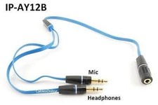 13" Headphone 3.5mm Stereo F to 2M Flat Blue Splitter Adapter, iPhone to Mic