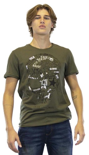 Gaudì Jeans T-shirt uomo verde in cotone stampa teschio con lettering  argento | eBay