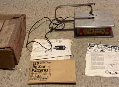 Vintage BMI Jig Saw Jr Tin Litho working saw w box instructions patterns 1950s