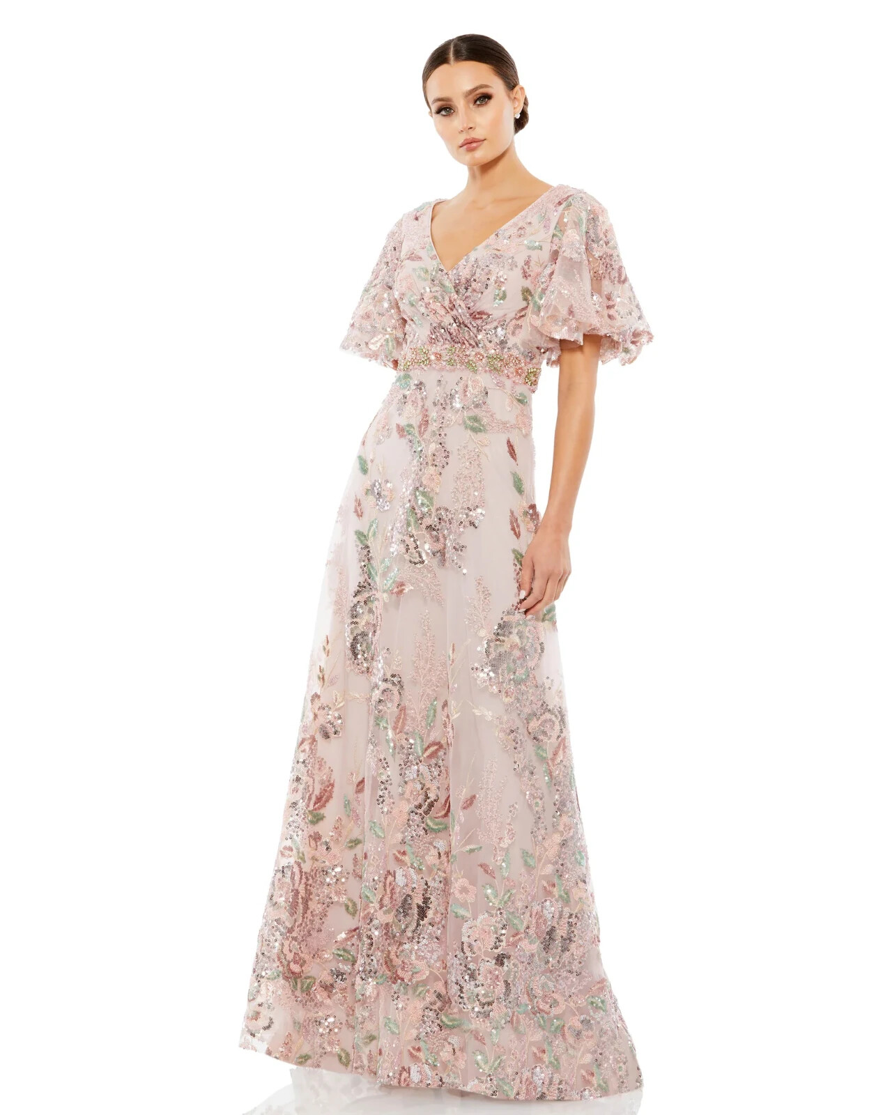 NWT MAC DUGGAL FLORAL EMBELLISHED SHORT FLUTTER SLEEVE ROSE PINK DRESS Size 16