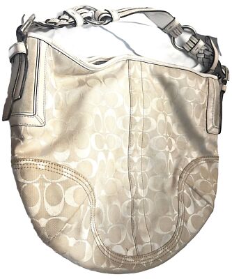 COACH SIGNATURE HOBO SHOULDER BAG IVORY LEATHER TRIM ZIPPED #6279