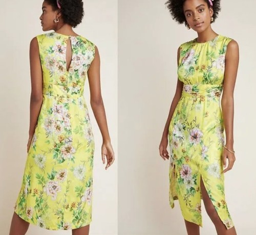 Designer Anthropologie Yellow Silk Floral Midi Dress UK12 EU40 RRP £190 BNWT 💛 - Picture 6 of 13