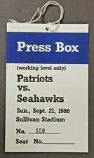 1986 PATRIOTS v SEATTLE SEAHAWKS Press Box Media Pass Ticket Football