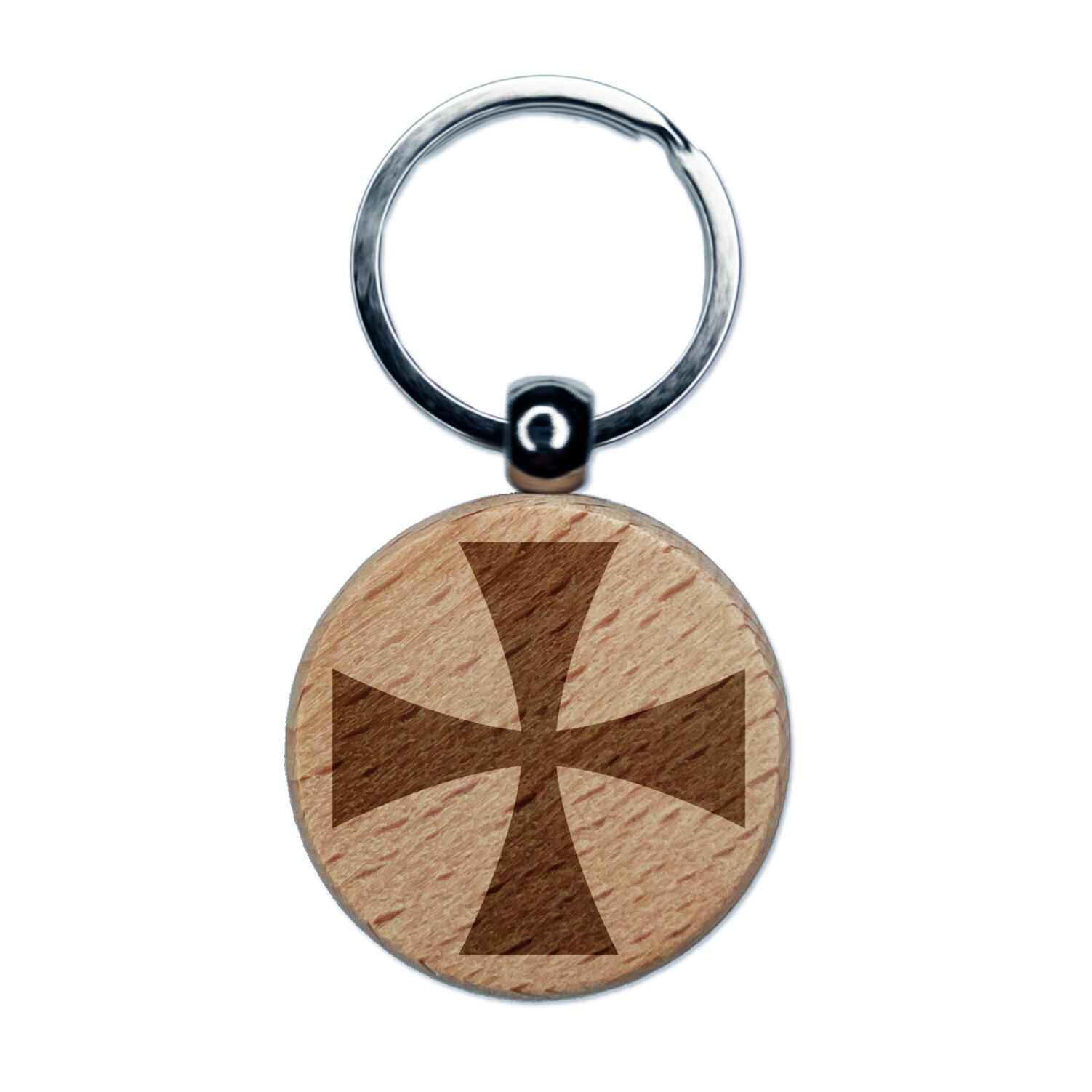 Templar Cross Engraved Wood Round Keychain Tag Charm