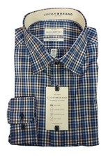 Lucky Brand Mens Tailored Fit Long Sleeve Button Up Shirt Blue/Tan Plaid