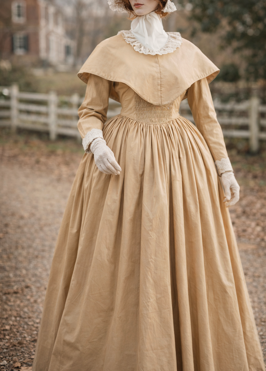 cotton formal & gown dress for women Victorian Dickens Old West Pioneer Prairie with Cape Modest Long Sleeve Theater Clothing Style-Color-Dim:AP1E213523_AD601_P