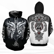 Viking Skull Warrior Hoodie, Black White Norse Celtic Knotwork Pullover