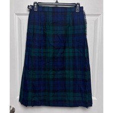 James Pringle Weavers Green Blue Tartan Pleated Kilt Buckles Wool UK Size 12