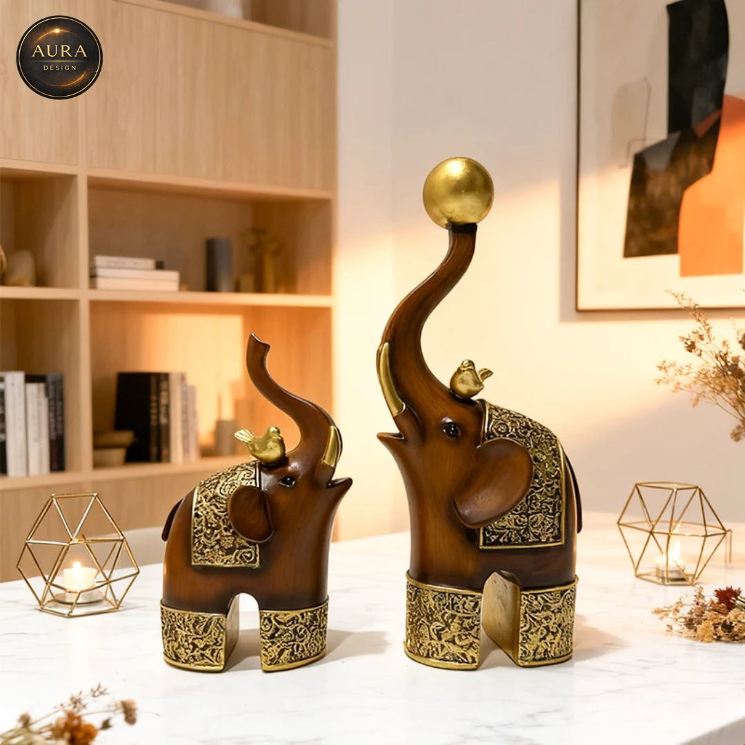 🏛 Modern Decorative Statue Elephants Wooden Style 25cm ✨ Collectible...