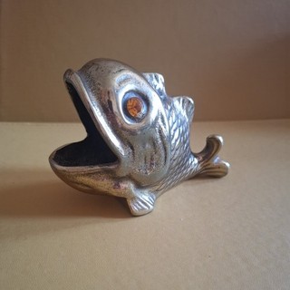 Solid Brass Vintage Open Mouth Figural Fish Ashtray Figurine With Glass Eyes