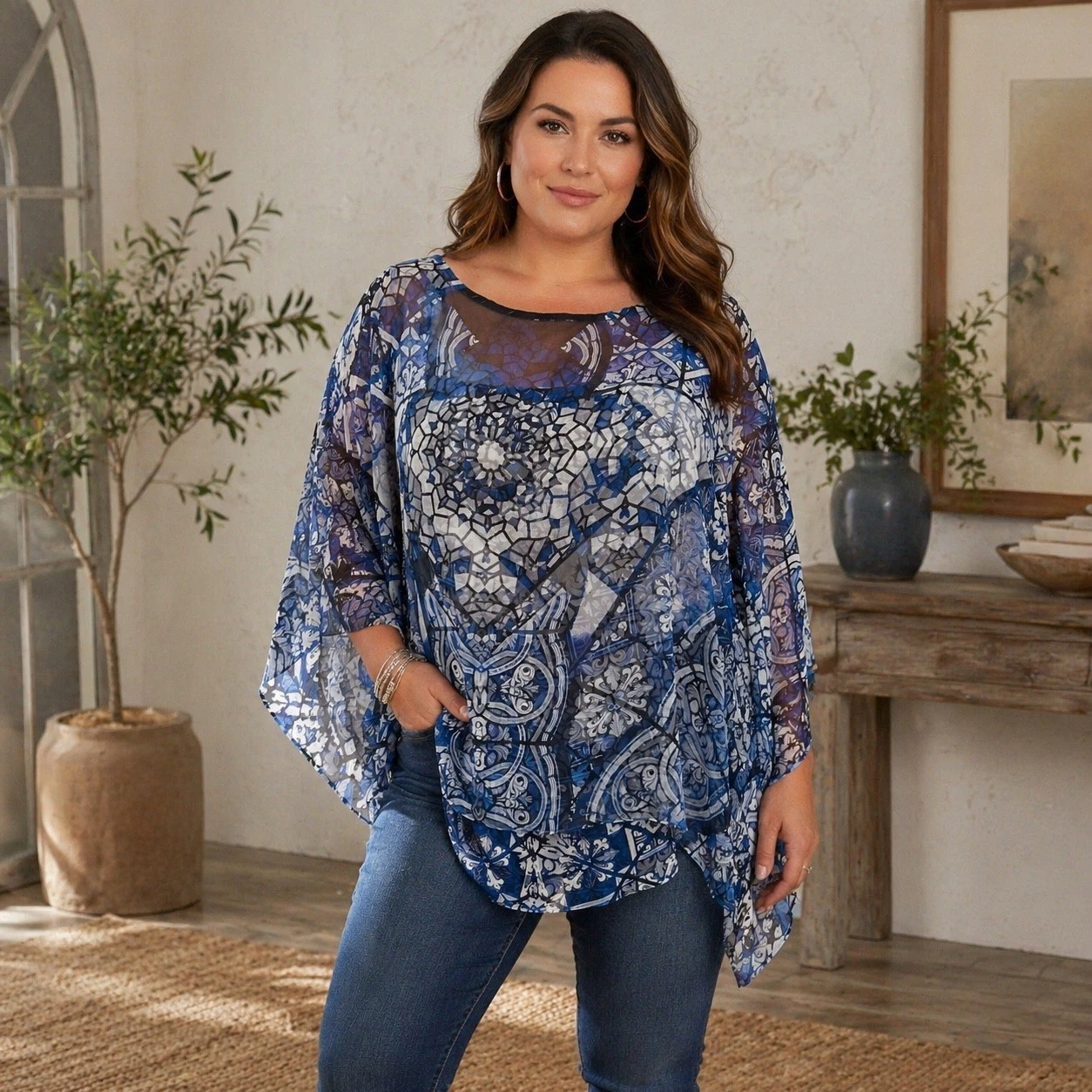 Blue Boho Sheer Blouse Poncho Top Plus Size Flowy Festival Beachy Chic Boho 1X