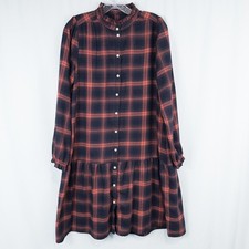 Loft Plaid Drop Waist Shirt Dress Small Tall Navy Blue Coral Cottage Prairie