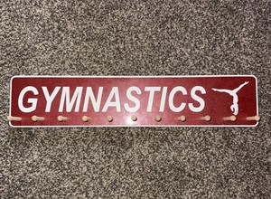 GYMNASTICS Red Wooden HANGER Wall Mount Holder Medals Ribbons 11 Pegs EEUC!