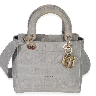 Christian Dior Gray Canvas Cannage Embroidered Medium Lady D-Lite Bag