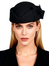 Black Wool Felt Fascinator Hats Formal Church Tea Party Dress Beret Hat With Bow