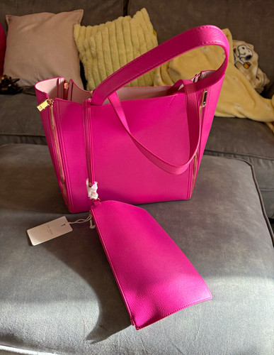 Ted Baker Pink Pebbled Faux Leather Tote Bag Zip Closure w/ Pouch Gold HW
