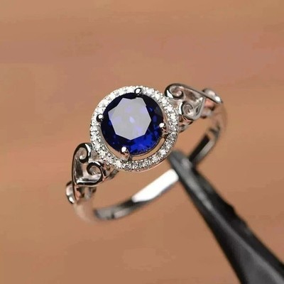 2Ct Round Cut Lab-Created Blue Sapphire Halo Engagement Ring White Gold Plated