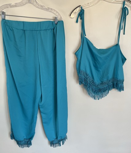 Justfab Women's 2 Pc Fringe Turquoise Summer Ankle Length Pantsuit Size XXL 2X - Picture 1 of 5