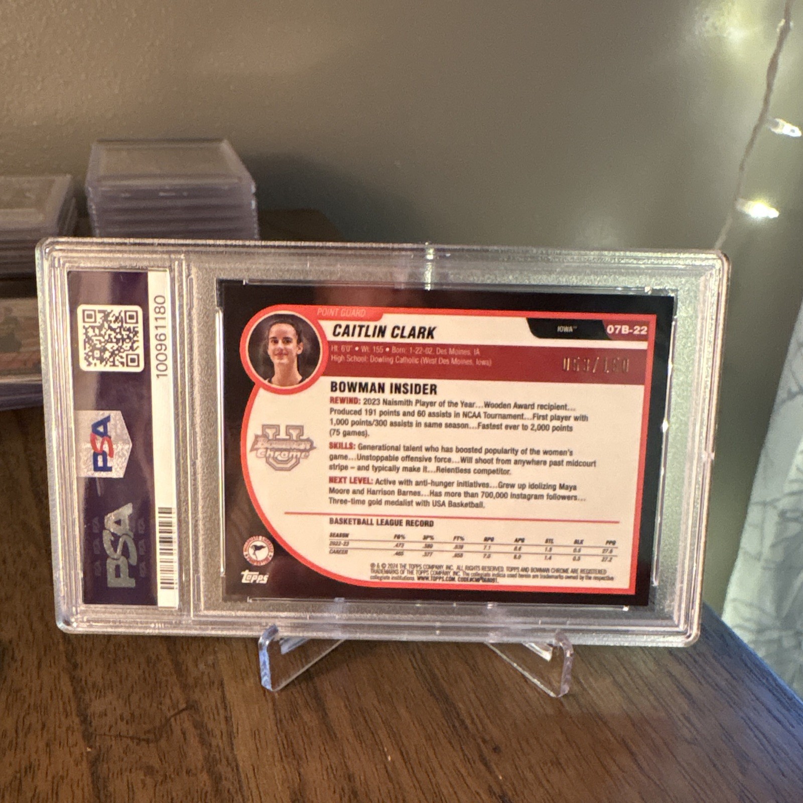 2023 Bowman U Chrome Caitlin Clark 🏀 07B-22 Bowman Insider Aqua /150 PSA 10 🔥 view 2