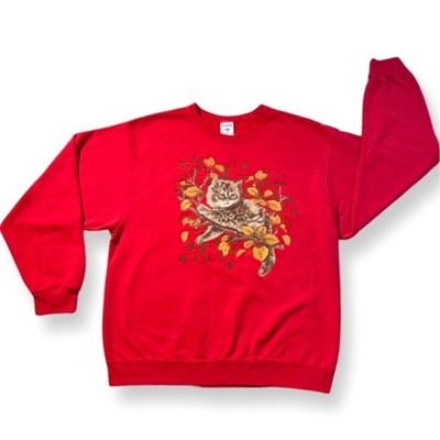 Vintage Jerzees Cat Crewneck Grannycore Sweatshirt in Red Size Large
