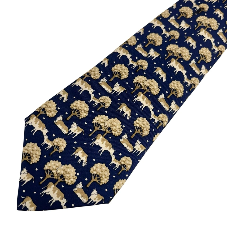 Corbata para hombre Hermes vaca y pantorrilla pastos azul marino/caqui seda 7527 IA 3,5" (W) 56" (L) usada en excelente estado Foto 4 de 4