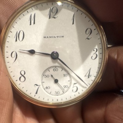 Hamilton 910 12s Gold Filled Open Face Pocket Watch White Dial 17J Arabic