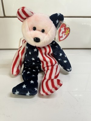 RETIRED TY BEANIE BABY~SPANGLE THE USA AMERICAN FLAG TEDDY BEAR 8''~PINK HEAD