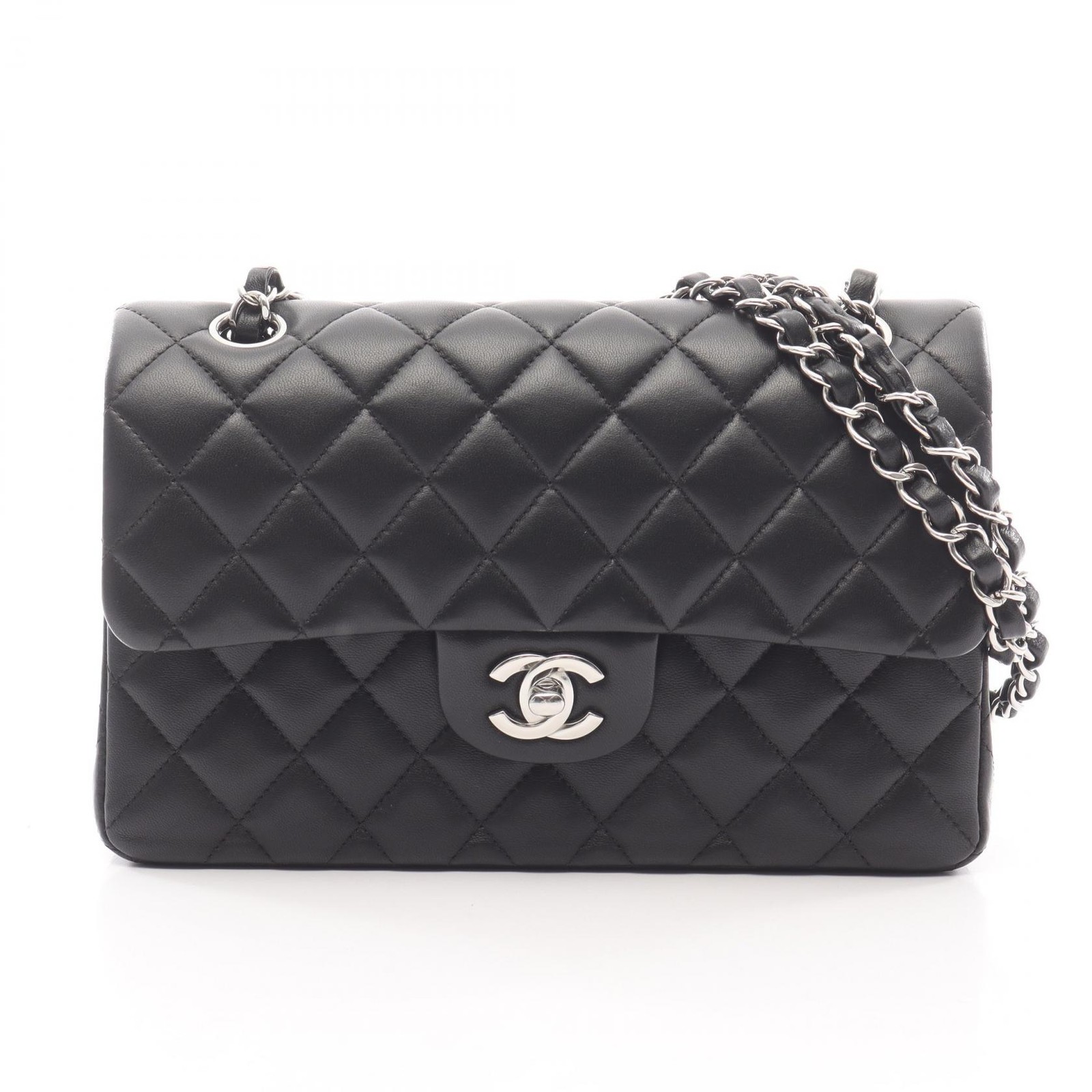 CHANEL Matelasse W flap chain Shoulder Bag A01113 Lambskin leather Black Used