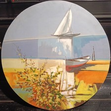 OLIO SU TAVOLA PAESAGGIO MARINO Tondo Diametro 60cm
