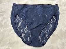 Vtg VANITY FAIR Floral Stretch Lace Satin Trim Sheer Hi-Cut 9/2XL Blue Panties