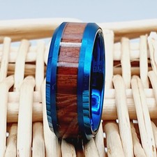 Wooden Tungsten Ring Koa wood Inlay Wedding Ring Shiny Polish Blue Tungsten Ring