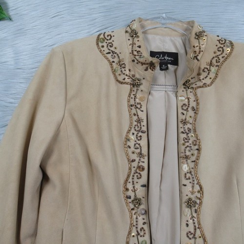 COLE HAAN Tan Suede Beaded Cropped Jacket 3/4 Sleeve Women’s Size Small - Picture 4 of 14