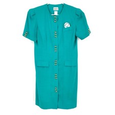 VINTAGE Leslie Fay Collections Womens Dress 14 Green Short Sleeve Button Up USA