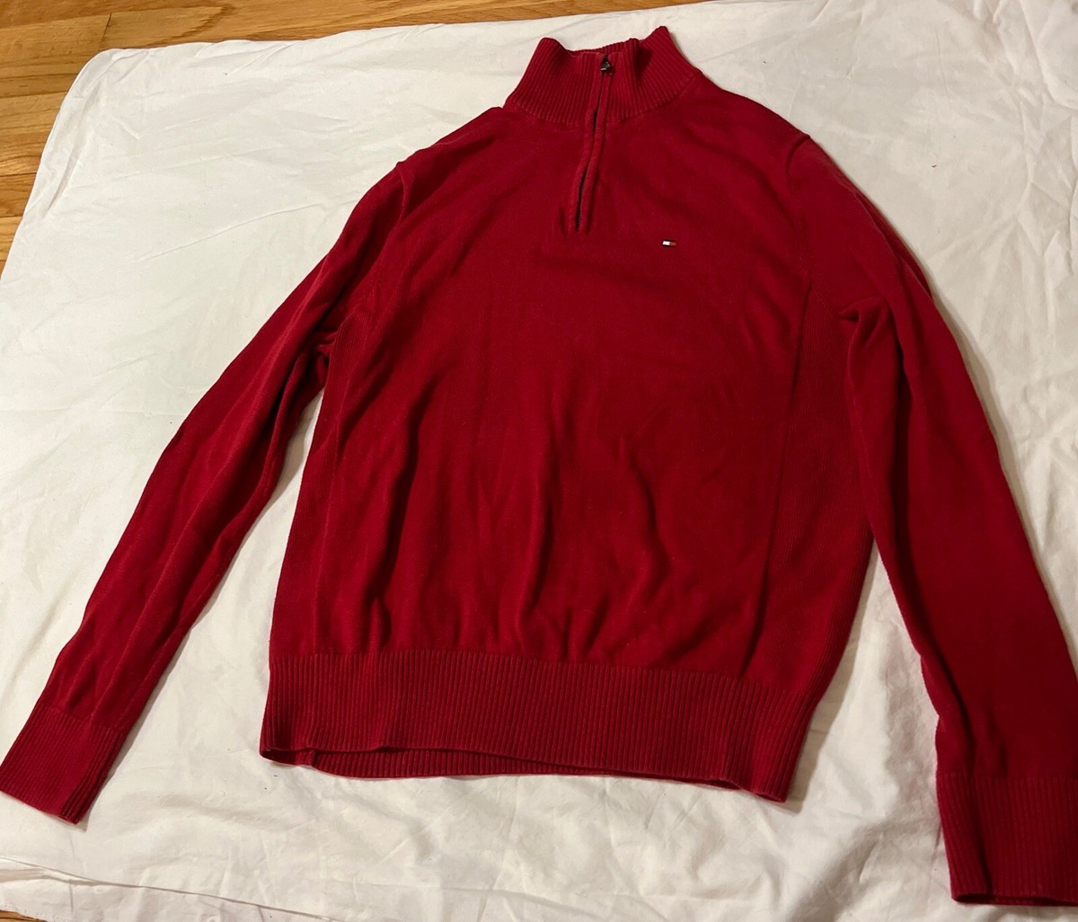 Tommy Hilfiger Sweater Men's Red 1/4 Zip Pullover Knit Mock Neck Pre Owned Good