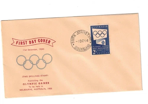 Australia 1954 2/- Blue Olympics on FDC,cds SOUTH JOHNSTONE Qld