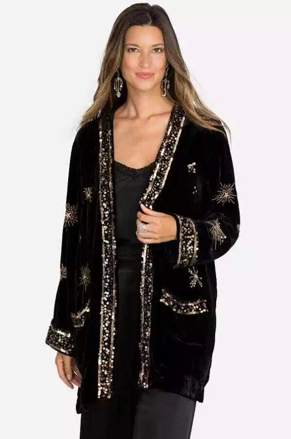 Johnny Was ARUNA VELVET SMOKING JACKET Embroidered Black Gold Sun Kimono  New | eBay