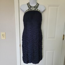 XSCAPE By Joanna Chen Navy Ruched Draped Halter Dress Rhinestones Size 4